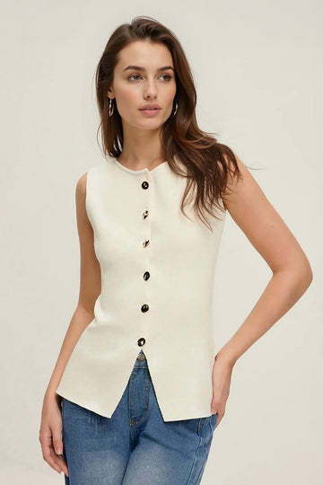 Versatile Solid Color Slim Sleeveless Button-Up Tank Top